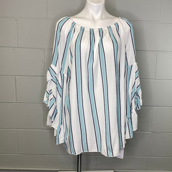 NWT Fever Blue & White Striped Off Shoulder Top - Picture 2 of 7